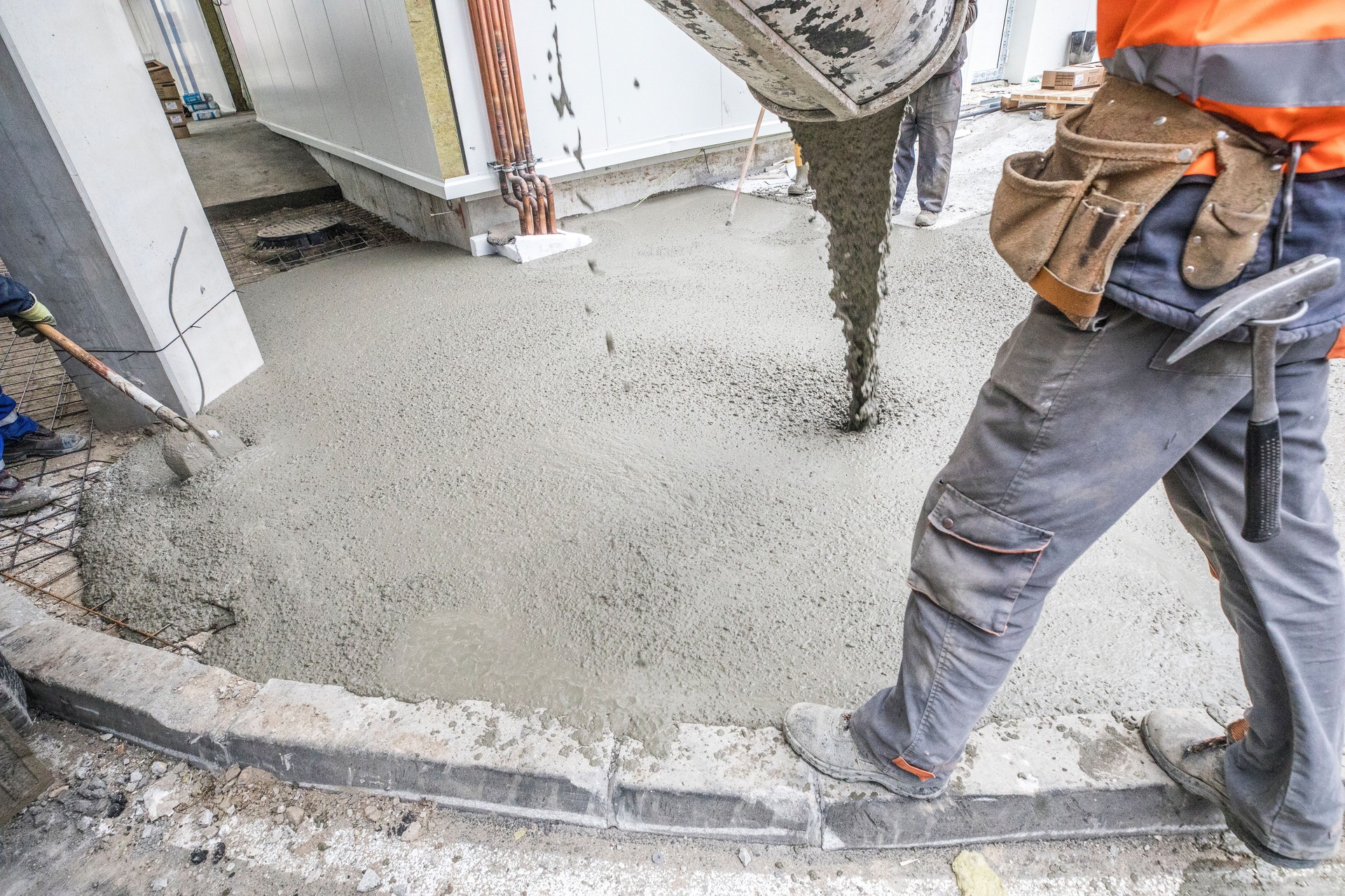 Truck mixer pouring concrete cement for construction